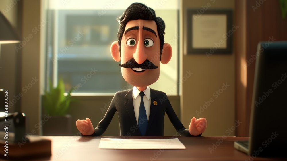 Poster animated cartoon man in suit sitting at desk with paper in front of him