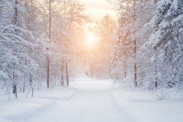 Fototapeta premium Snowy Forest Path at Sunset