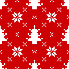 Christmas and New Year seamless pattern. White snowflakes and Christmas tree on red pixel pattern for winter hat,jumper,sweater, wrapping,fabric,border,rim,carpets, blankets, towels.