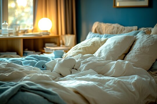 Dormitorio real con una cama desordenada, cojines apilados y una luz c&aacute;lida de una l&aacute;mpara. El ambiente es relajante a pesar del desorden en la mesilla de noche.
