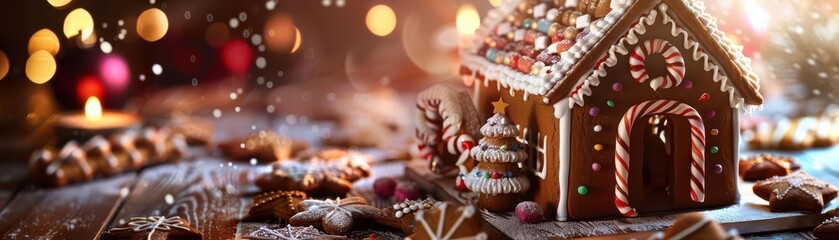 Gingerbread house with intricate icing, festive and playful, Holiday, Bright hues, Photograph, Seasonal craft