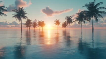 A stunning view of a tropical beach resort at sunset, with palm trees and infinity pools overlooking the ocean, creating a perfect vacation scene. 