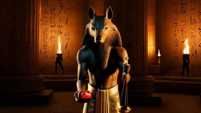 Anubis, God of the Underworld, holding the scales of judgment, surrounded by ancient hieroglyphs and torch-lit chambers
