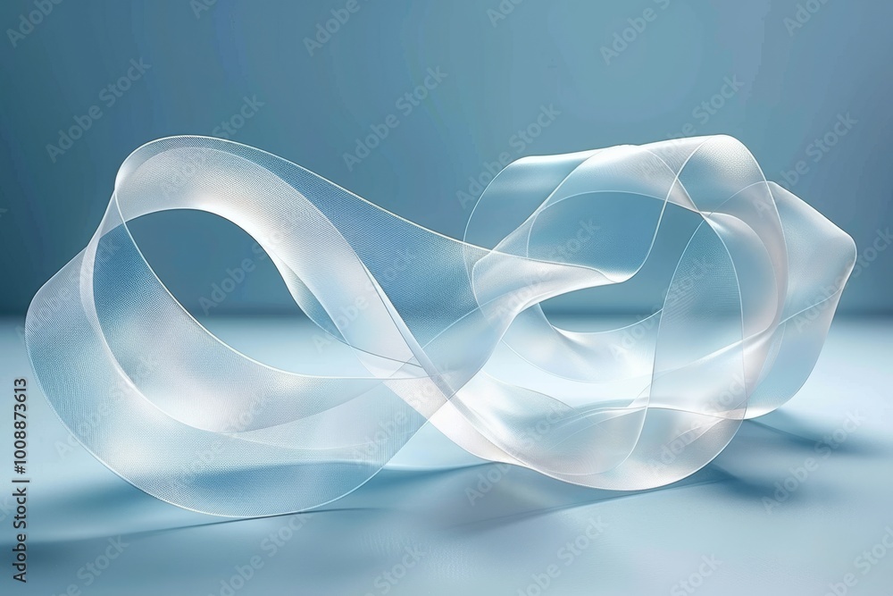 Poster abstract background with flowing transparent material on pastel blue gradient. 3d render.