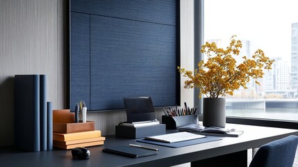 Modern Office Desk with City View and Minimalist Decor