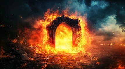 Gate to Hell: Passage to the Realm of the Dead,This dramatic image depicts a fiery gate to hell, characterized by an imposing structure engulfed in flames. The gate is adorned with ominous symbols 