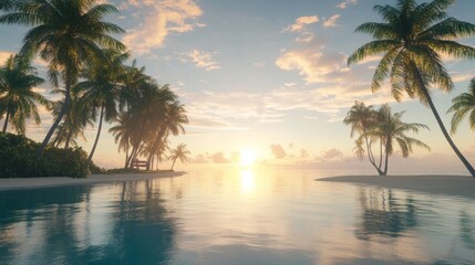 Fototapeta premium A stunning view of a tropical beach resort at sunset, with palm trees and infinity pools overlooking the ocean, creating a perfect vacation scene. 