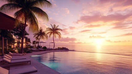 Obraz premium A stunning view of a tropical beach resort at sunset, with palm trees and infinity pools overlooking the ocean, creating a perfect vacation scene. 
