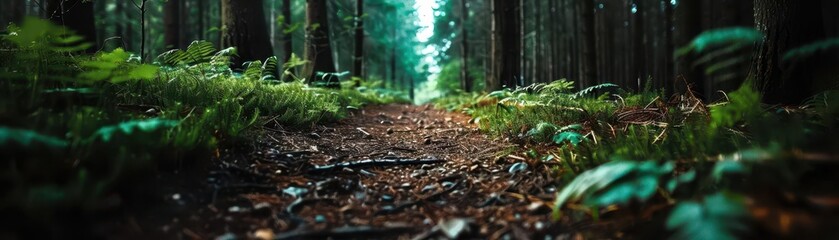 Hiking trail through a dense forest, dynamic and inviting, Nature, Soft greens, Photograph, Outdoor adventure
