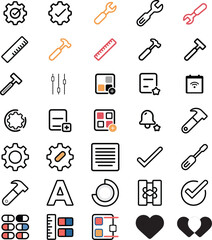 Mechanic and web line icons  gear, wrench, sliders, and checkmarks