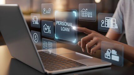 businessman using laptop with a virtual transparent "personal loan" digital interface, online loan application, fintech, virtual finance