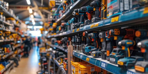 Hardware store aisle featuring a wide variety of cordless power tools for construction and renovation
