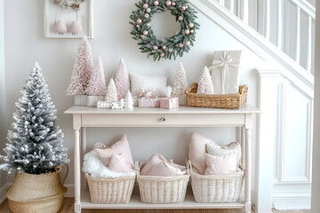 The entryway console table features pink and white Christmas decorations, a pastel wreath, and cozy baskets filled with pillows and blankets.
