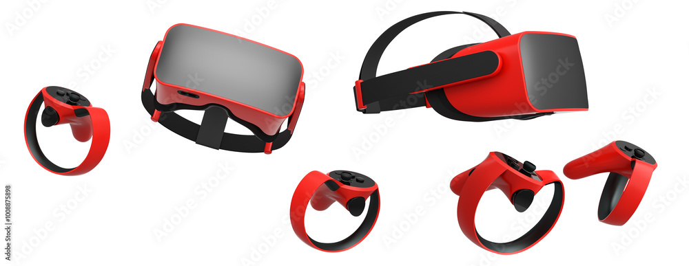 Poster virtual reality glasses and headset with controllers isolated on white background with clipping path