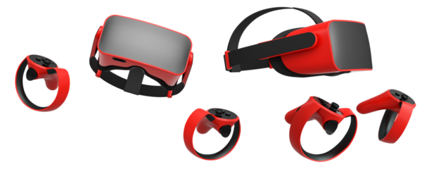 Virtual reality glasses and headset with controllers isolated on white background with clipping path. 3D render of design that enhances immersive gaming experiences for users