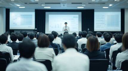 セミナー・研修・講義・授業のシーン。アジア人のビジネスマンがたくさん参加している。