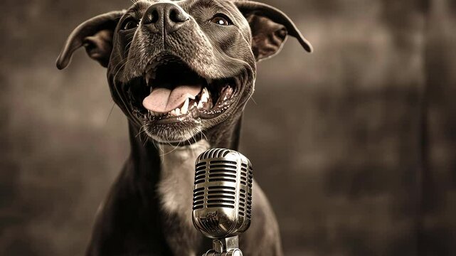 Happy dog singing with vintage microphone