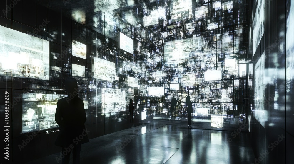 Aufkleber A solitary figure standing in a room with a wall of screens displaying abstract patterns.