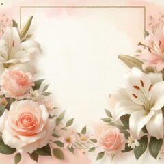 Elegant floral border featuring soft pink roses and white lilies on a gentle background.