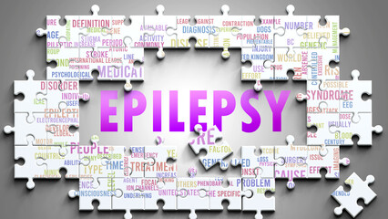 Epilepsy as a complex subject, related to important topics. Pictured as a puzzle and a word cloud made of most important ideas and phrases related to epilepsy. ,3d illustration