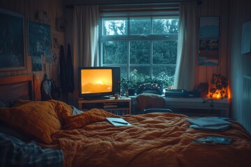 Dormitorio real con una cama cubierta por una manta naranja y luz cálida entrando por la ventana. La habitación tiene un ambiente acogedor y desordenado, con decoración retro.