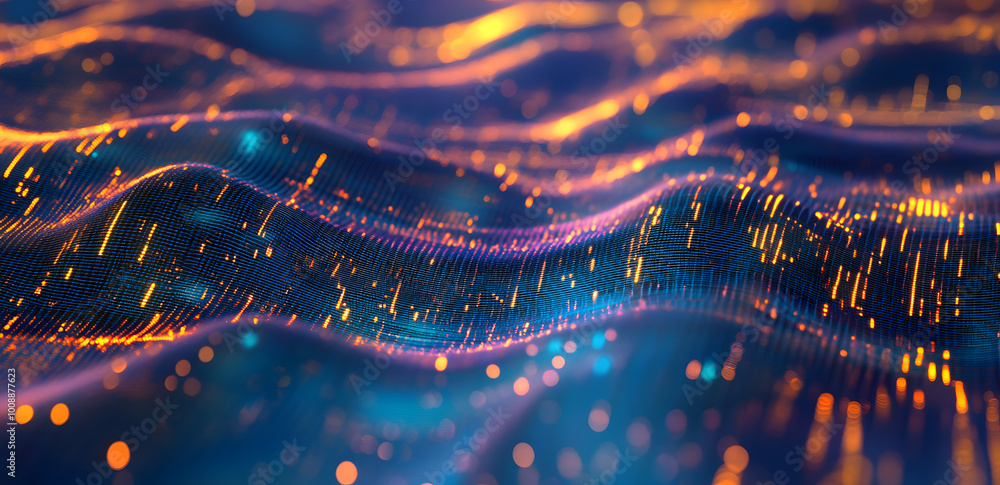 Poster cyber data stream. digital neural networks. 3d illustration of a wavy open source surface