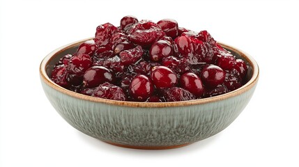 A bowl filled with cranberry sauce, set against a plain white background.