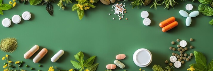 Pharmaceutical drugs, natural herbal medicine coexist on fresh green background. Synthetic, organic remedies contrast in conceptual image. Healthy lifestyle choices, wellness options presented.