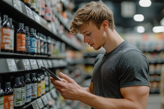 A young athlete uses a smartphone to read nutritional information while shopping for supplements at a sports store.