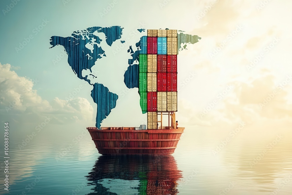 Poster a conceptual image of a cargo ship with colorful containers sailing on water, symbolizing global shi
