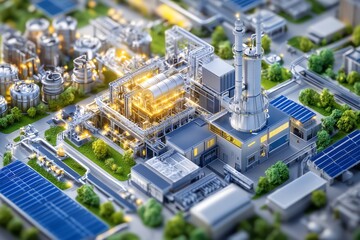 Obraz premium Aerial view of an industrial facility with solar panels. Modern infrastructure, energy production, and industrial development in focus.