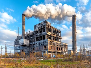 An abandoned industrial factory with two smokestacks releasing smoke into the sky, surrounded by overgrown vegetation and a clear background.