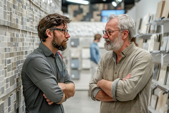 Shoppers discuss choosing tiles for renovation in a modern store - Powered by Adobe