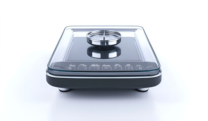 A sleek glass and metal cooking surface displayed against a clean white background, emphasizing its modern design.