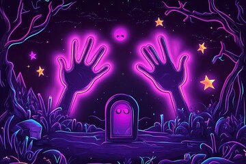 Glow Halloween Greeting Card with Pumpkin, Cross, Candle, Ghrost and Inscription. Neon Lettering. Shiny Template Poster, Banner, Invitation. Brick Wall. Vector 3d Illustration. Clipping Mask, Editable