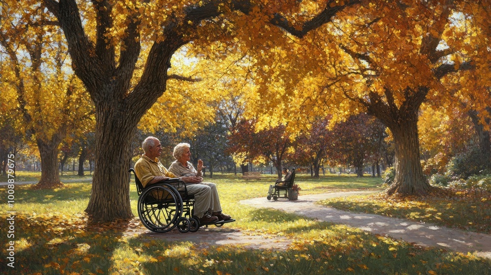 Poster Two elderly individuals in wheelchairs enjoy a serene park scene with autumn foliage.