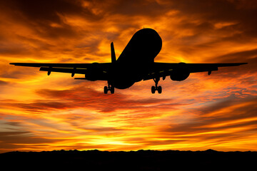 Fototapeta premium Silhouette of a plane taking off on a red and orange sunset.
