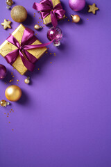 Christmas holiday decorations with golden accents on a vibrant purple background. Xmas vertical banner template