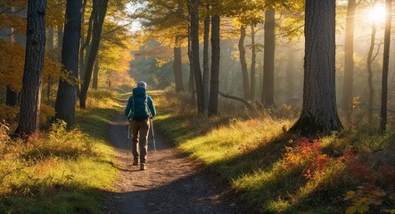Fototapeta premium Hiker navigating a serene autumn woodland path illuminated by morning sunlight
