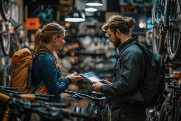 A male cyclist examines a bicycle in a store before buying it.