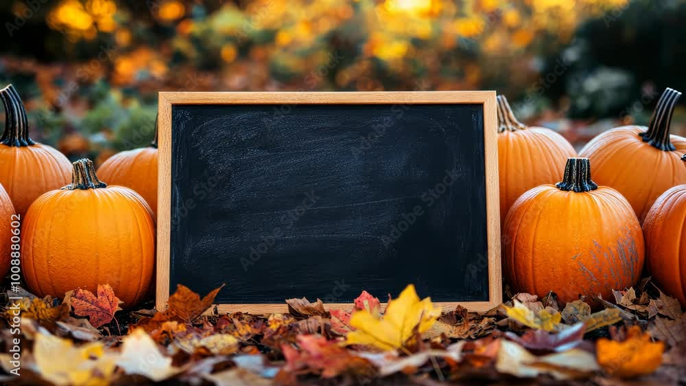 Poster blackboard surrounded by pumpkins showing empty space for autumn message