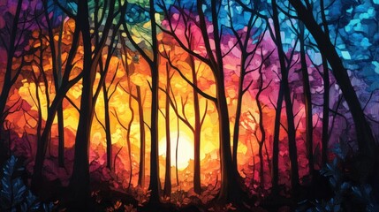 A Silhouetted Forest Under a Colorful Sky