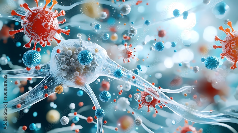 Poster this abstract illustration showcases the intricate interaction between viruses and cells, highlighti