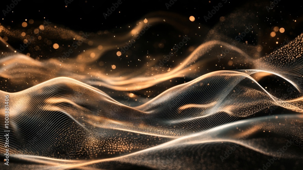 Poster An abstract visual of flowing waves adorned with golden particles, creating a dynamic and ethereal atmosphere.