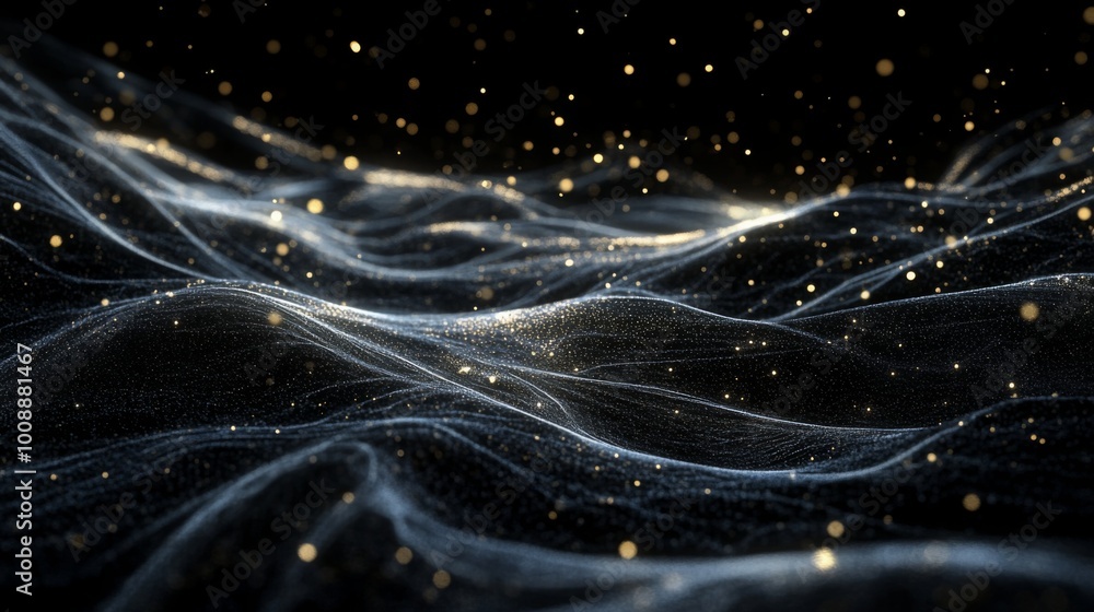 Poster a mesmerizing scene of swirling waves illuminated by sparkling particles against a dark backdrop, ev