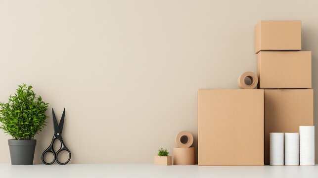 3D render of Brown carton box with a pair of black scissors and rolls of packing tape on a plain background