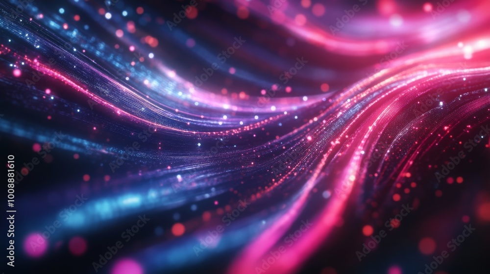 Poster a vibrant, abstract image featuring flowing lines of blue and pink with shimmering particles, creati