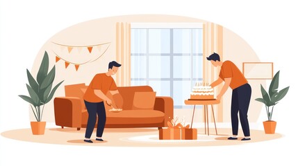 Fototapeta premium Two people preparing for a celebration with a cake and gifts in a cozy living room.