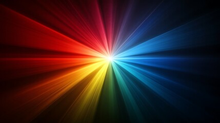 A vibrant abstract background with a rainbow of colors radiating from a central white point, creating a burst of light and energy.