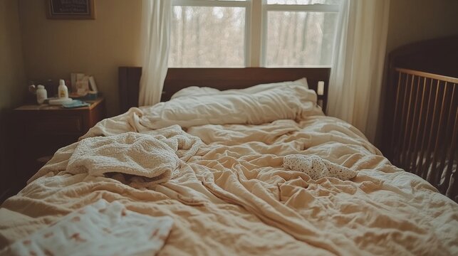 Interior real de un dormitorio con una cama desordenada, mantas arrugadas y una ventana grande que ilumina la habitaci&oacute;n con luz natural. El espacio tiene una atm&oacute;sfera tranquila y hogare&ntilde;a.
